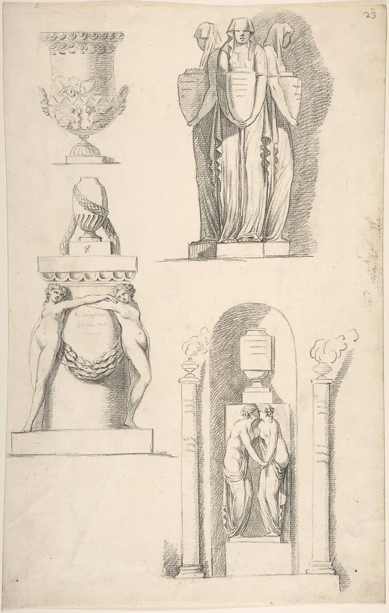 A Vase and Classical Monuments Carved with Hooded Women Carrying Urns, Two Females Embracing Beneath a Vase and Two Nude Female Figures Supporting a Vase — Thomas Hardwick