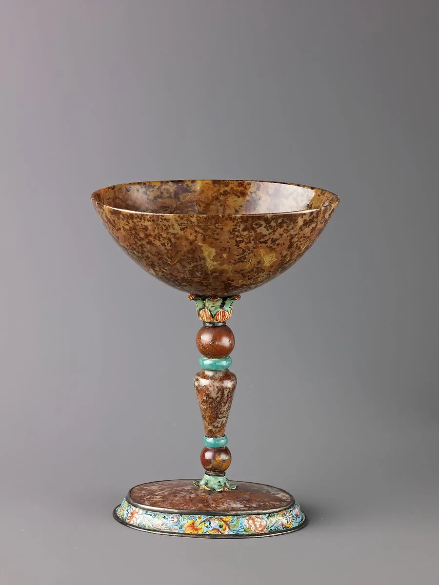 Moss agate and enamel stem cup — Unknown