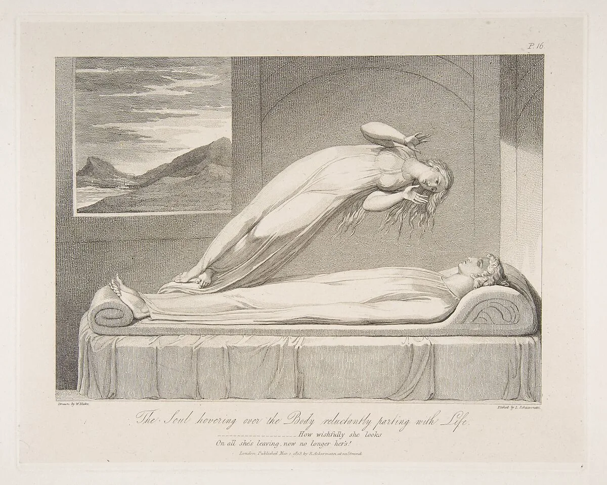 The Soul Hovering over the Body, Reluctantly Parting with Life, from "The Grave," a Poem by Robert Blair — Rudolph Ackermann, London|William Blake|Robert Blair|Luigi Schiavonetti