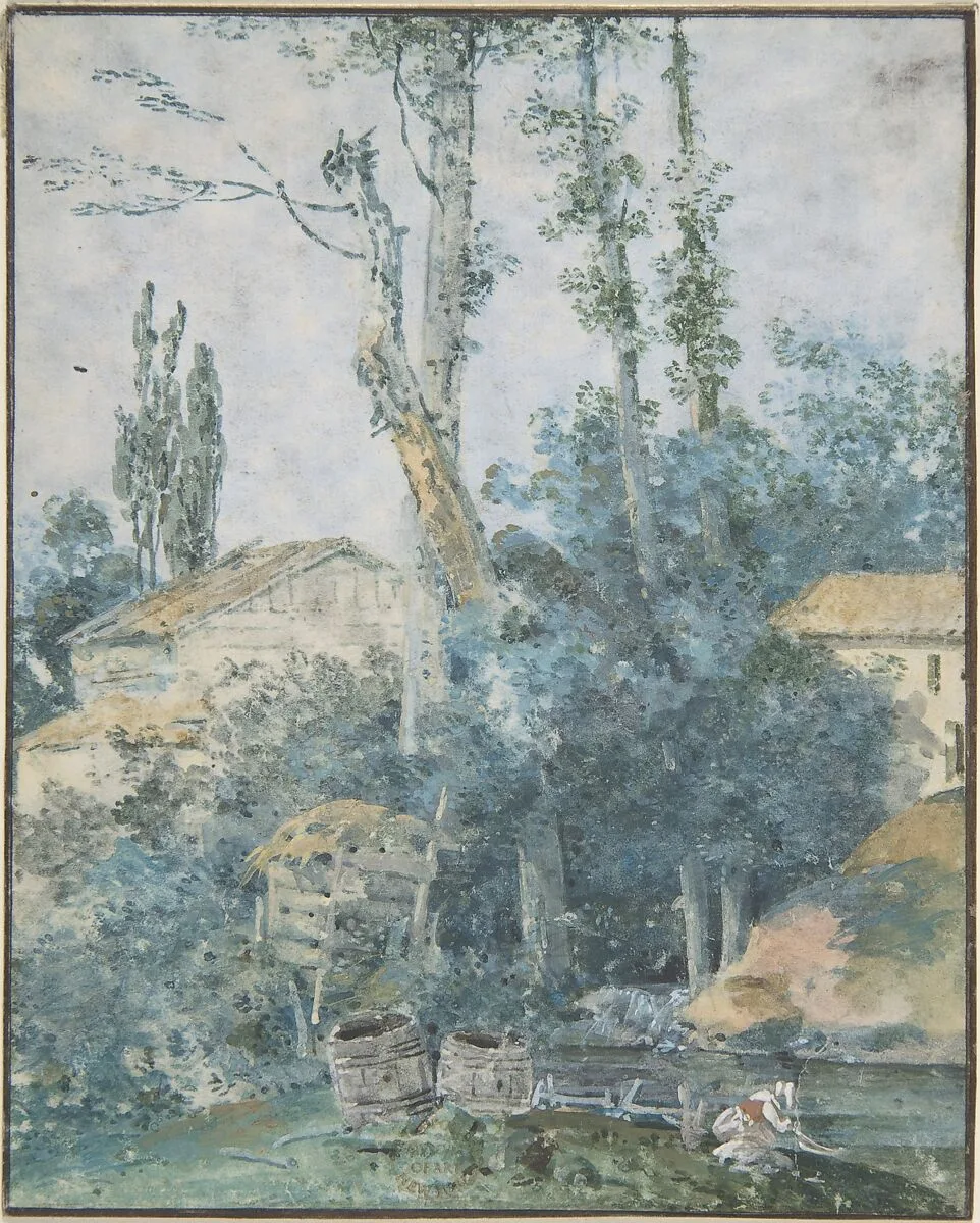 Rustic Scene – A Woman Washing Clothes in a Stream — Anonymous, French, 18th century|Jean Michel Moreau the Younger