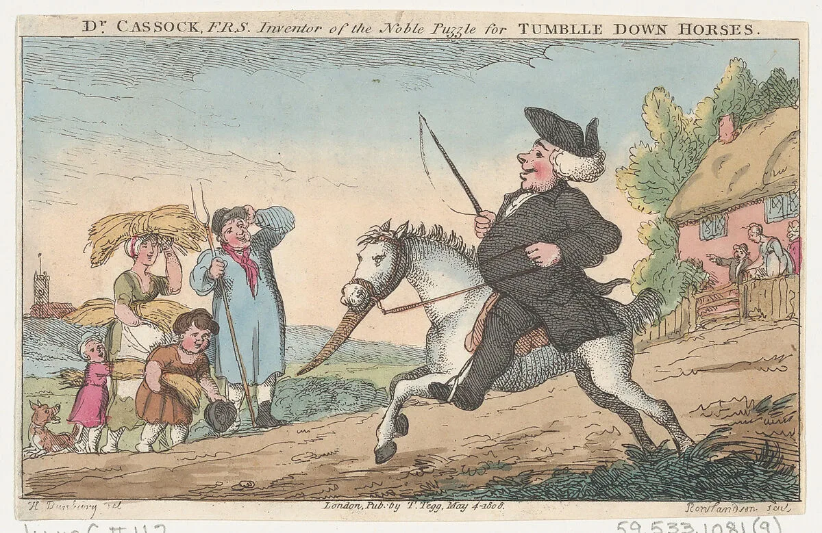Dr. Cassock, F.R.S., Inventor of the Noble Puzzle for Tumble Down Horses — Thomas Rowlandson|Thomas Tegg|Henry William Bunbury