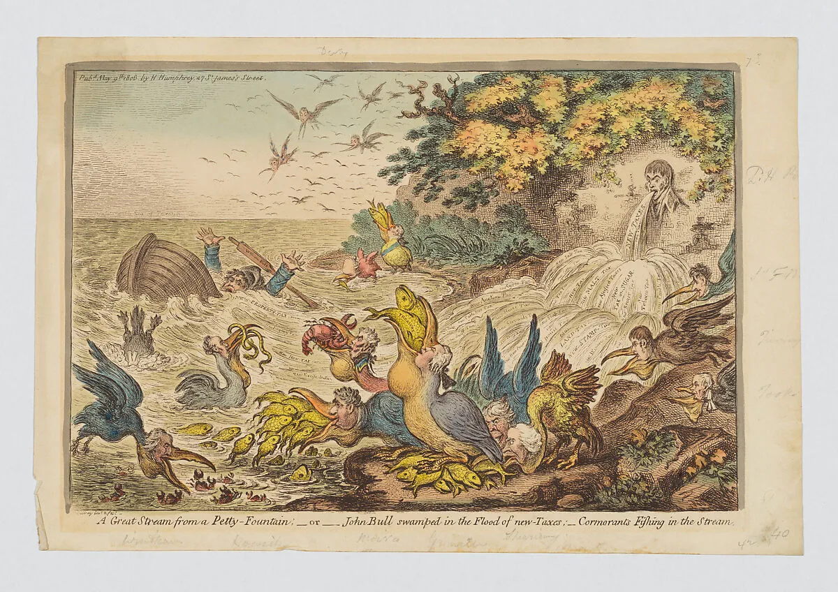 A Great Stream from a Petty Fountain; or John Bull swamped in a Flood of Taxes — Hannah Humphrey|James Gillray