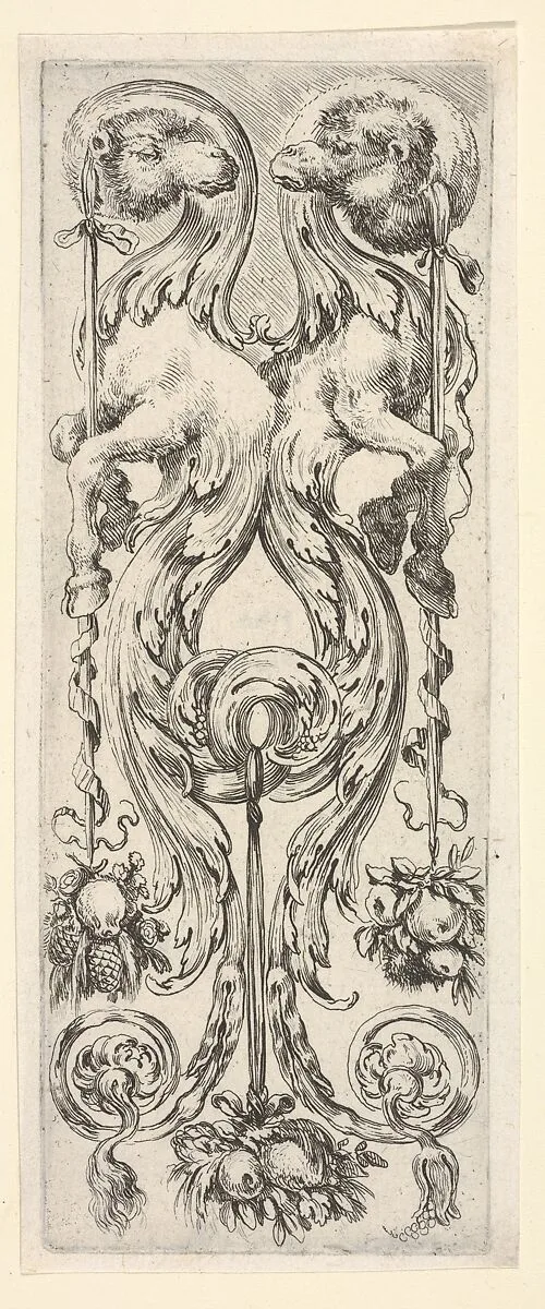 Two camels, their bodies turning into decorative leaves and scrollwork, from 'Ornaments or Grotesques' (Ornamenti o Grottesche) — Stefano della Bella