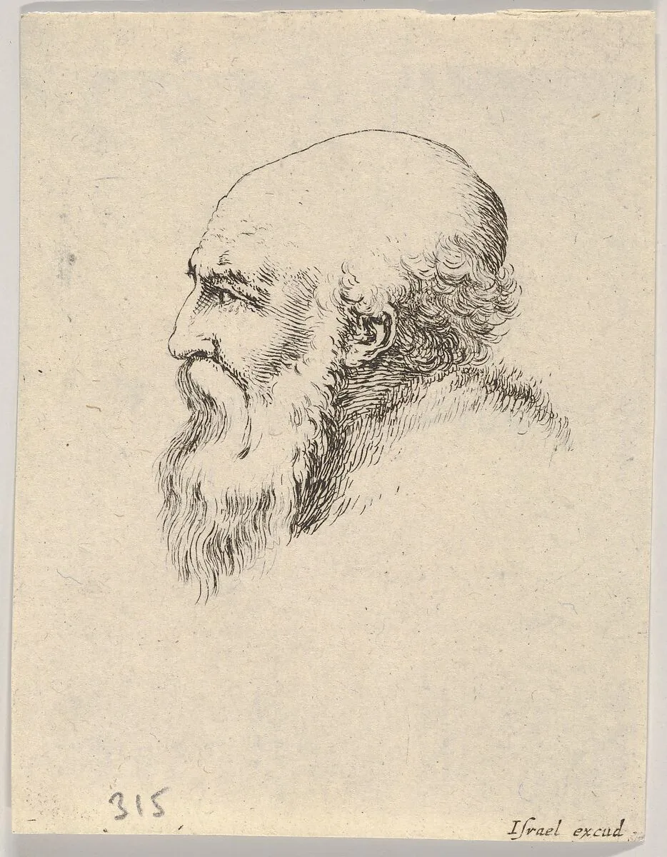 Plate 8: head of an old bald man with a long beard, facing left in profile, from 'Various heads and figures' (Diverses têtes et figures) — Stefano della Bella|Israël Henriet