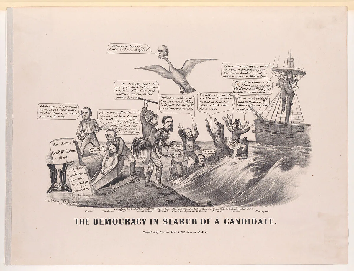 The Democracy in Search of a Candidate — Isaiah Rynders|George Hunt Pendleton|Fernando Wood|Andrew Johnson|Currier & Ives|Joseph Brooks|John Cameron|Horatio Seymour|John Thompson Hoffman|Charles G. Halpine|Winfield Scott Hancock