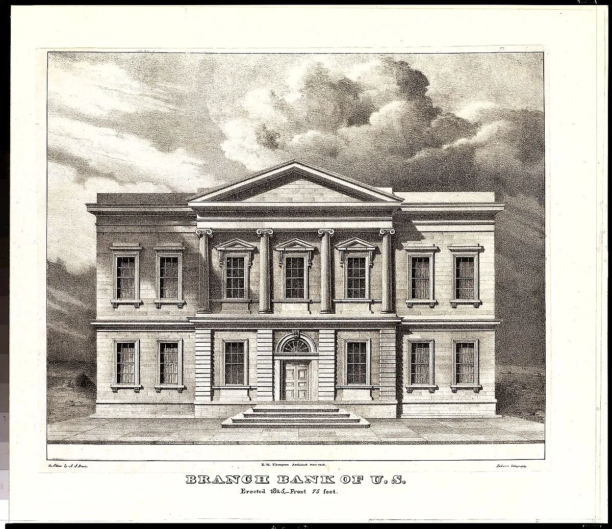 The Branch Bank of the United States, Wall Street, New York, Erected in 1825 (from Views of the Public Buildings in the City of New York Correctly Drawn on Stone by A. J. Davis, 1827) — Alexander Jackson Davis|Anthony Imbert|Martin Euclid Thompson