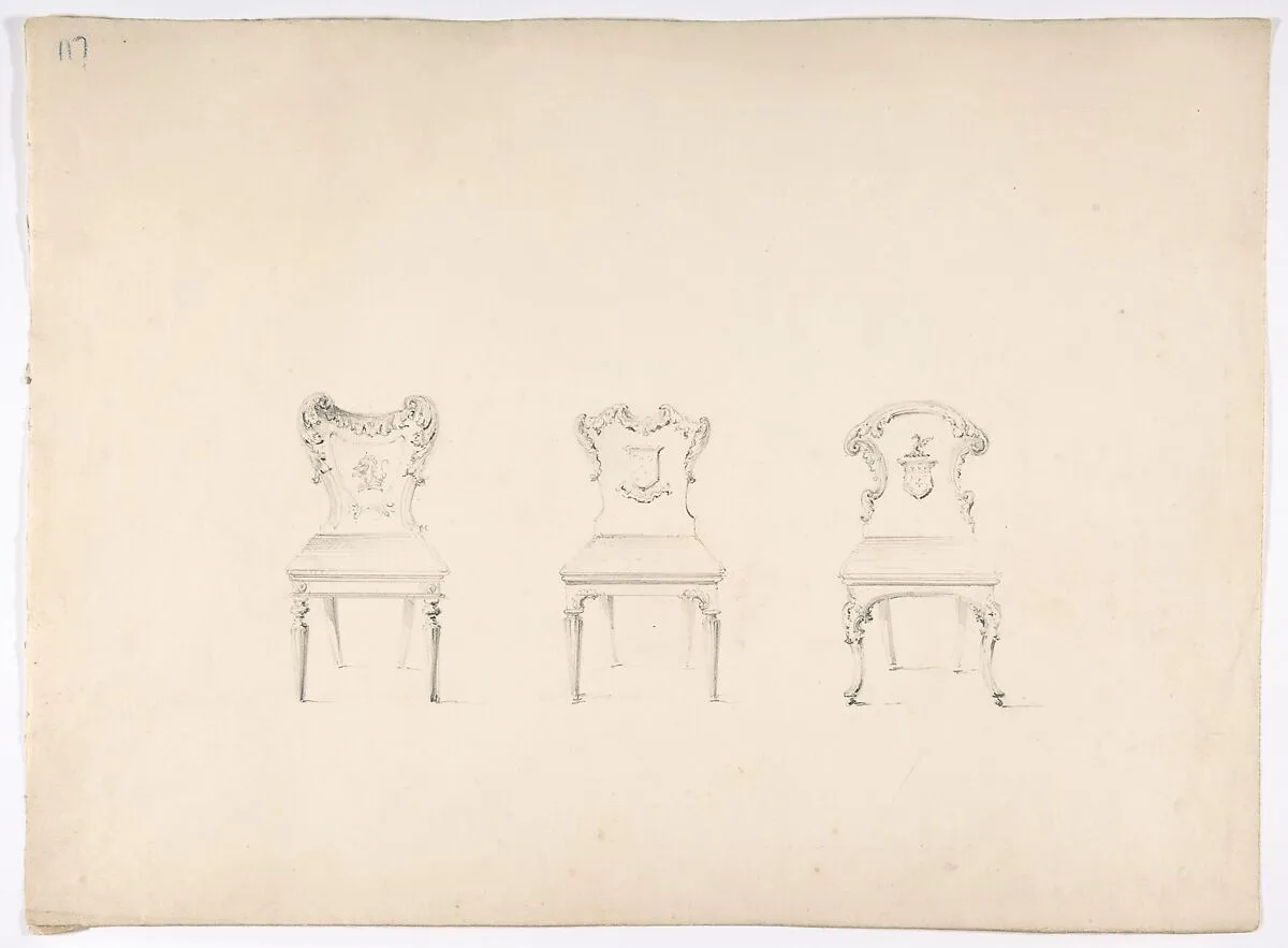Design for Three Chairs with Armorial Ornament on Backs — Anonymous, British, 19th century