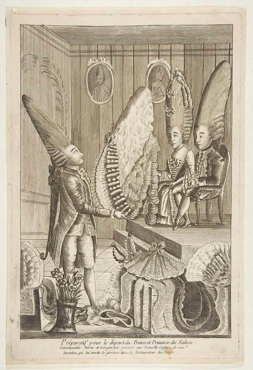 Préparatif pour le départ du Prince et Princesse des Nabots. L'incomparable Baron de Catagon leur présentes une Nouvelle Coeffure, do son Invention, qui lui merité le glorieux titre de Restaurateur des Nabots — Louis Berthet
