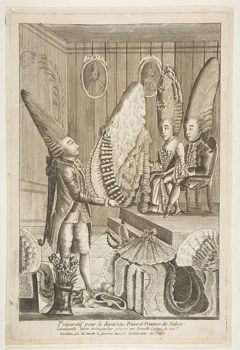 Préparatif pour le départ du Prince et Princesse des Nabots. L'incomparable Baron de Catagon leur présentes une Nouvelle Coeffure, do son Invention, qui lui merité le glorieux titre de Restaurateur des Nabots