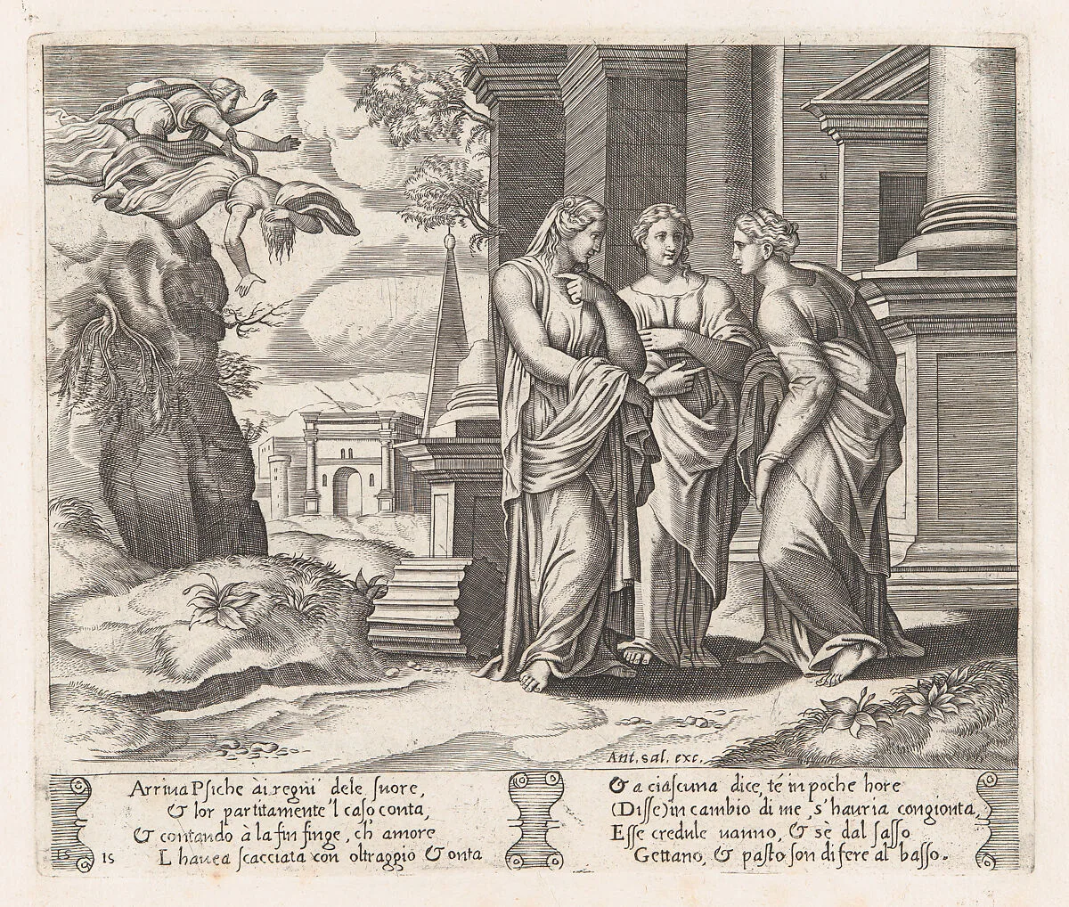 Plate 15: Psyche telling her sisters about her misfortunes, with her sisters falling off of a precipice at upper left, from "The Story of Cupid and Psyche as told by Apuleius" — Antonio Salamanca|Master of the Die|Michiel Coxie (I)