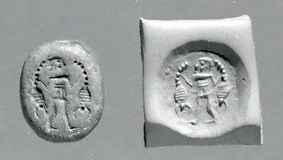Stamp seal (ovoid) with three-figure contest scene — Unknown