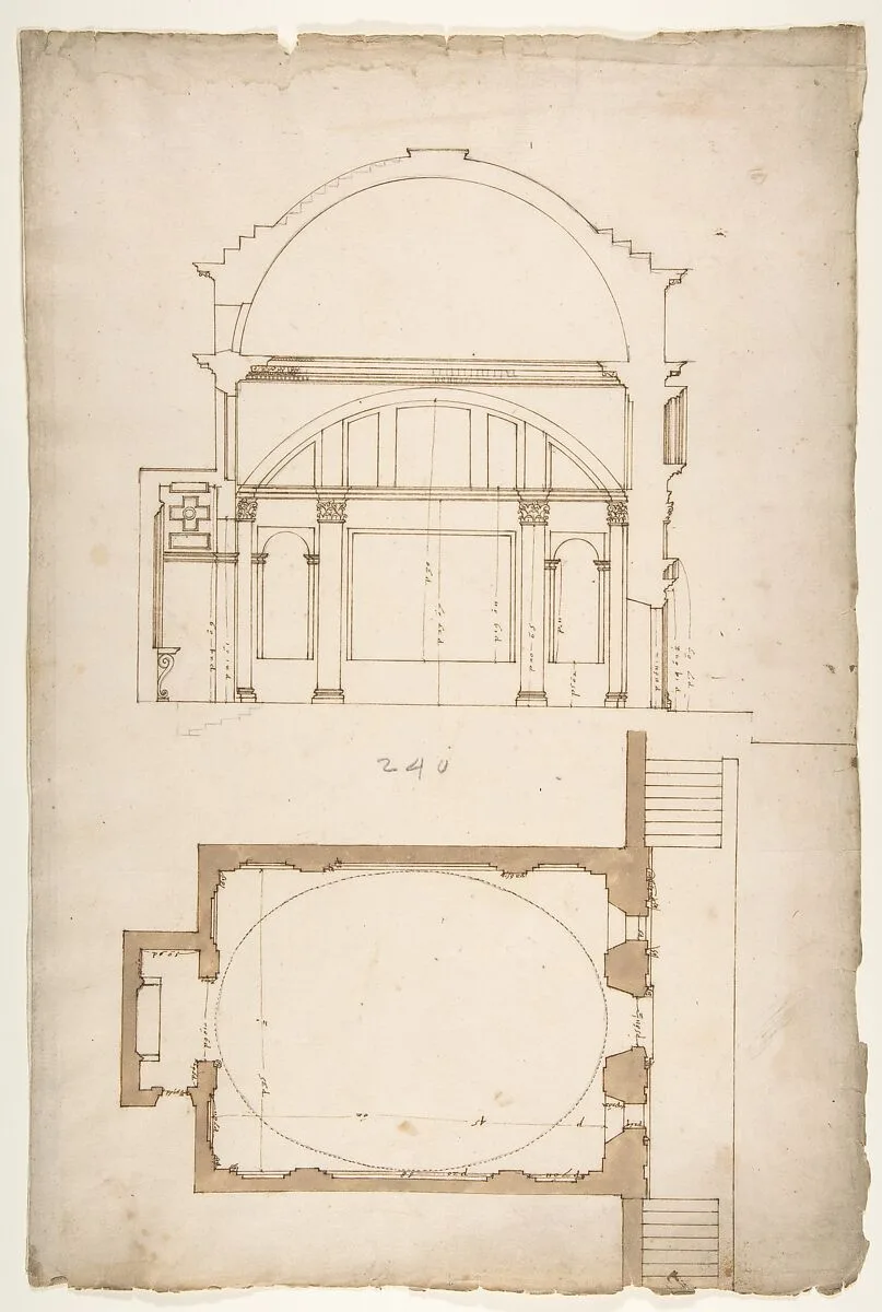 S. Andrea via Flaminia, plan; section (recto) blank (verso) — Anonymous, French, 16th century