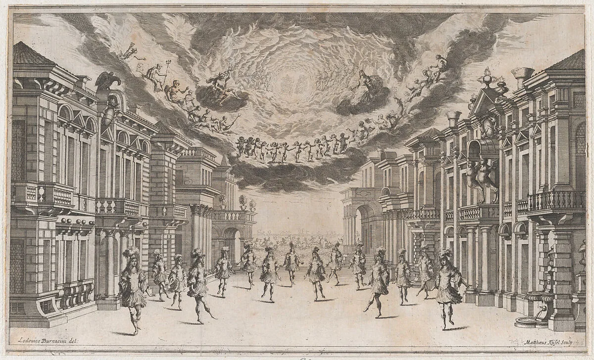 A group of young men dancing as the gods look on from above; set design from 'Il Pomo D'Oro' — Ludovico Ottaviano Burnacini|Mathäus Küsel