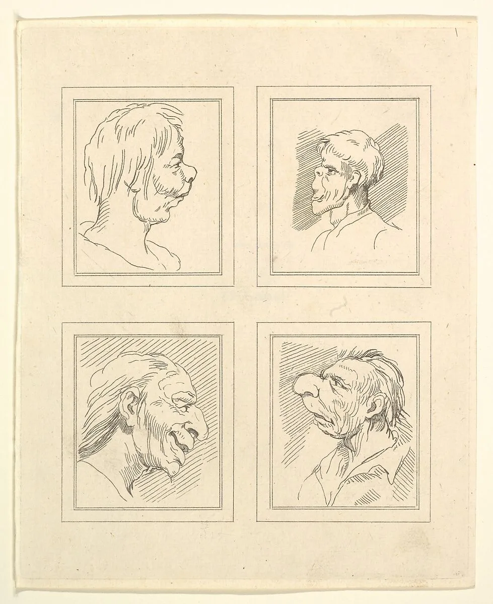 Characaturas by Leonardo da Vinci from Drawings by Wincelslaus (sic) Hollar out of the/ Portland Museum, published as the act directs Nov. 1. 1786 by/ John Clarke. N. 291 Strand, Price 15 in Boards — John Clarke|Wenceslaus Hollar|Leonardo da Vinci