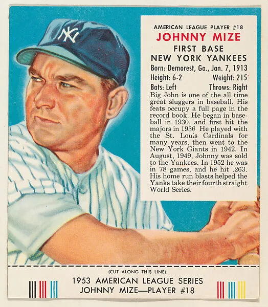 Johnny Mize, from the Red Man All-Star Team series (T233), issued by Red Man Chewing Tobacco — Red Man Chewing Tobacco