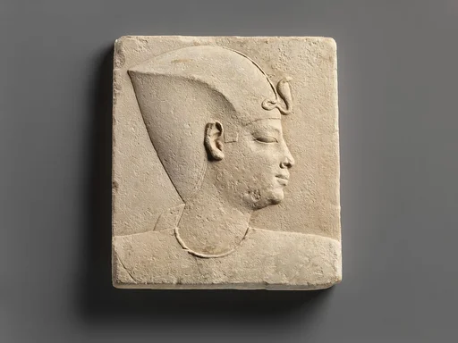 Relief of king's head in blue crown, head of child god on opposite side
