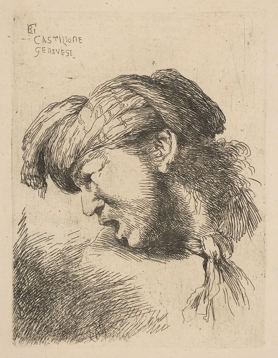 Man wearing a turban, a tie fastened around his neck, facing left, from "Small Heads in Oriental Headdress" — Giovanni Benedetto Castiglione (Il Grechetto)