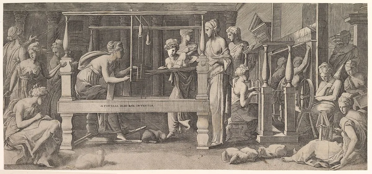 Penelope standing in the centre by a large weaving table amongst her women spinning and weaving — Master FG|Francesco Primaticcio