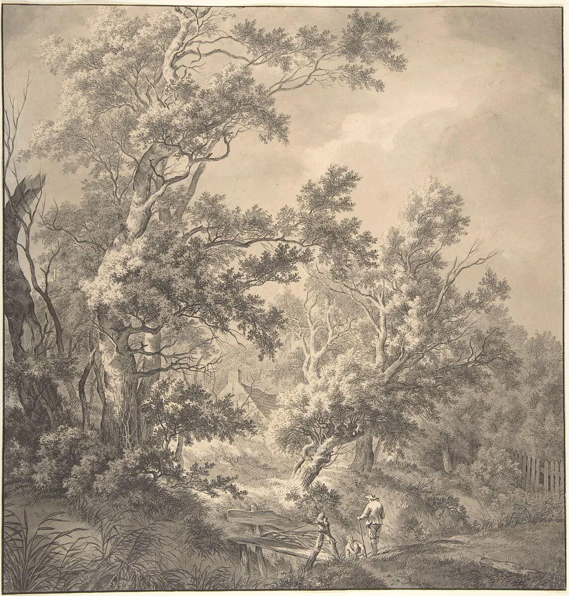 Landscape with a House Hidden Between Trees and Two Men Near a Small Bridge — Franciscus Andreas Milatz