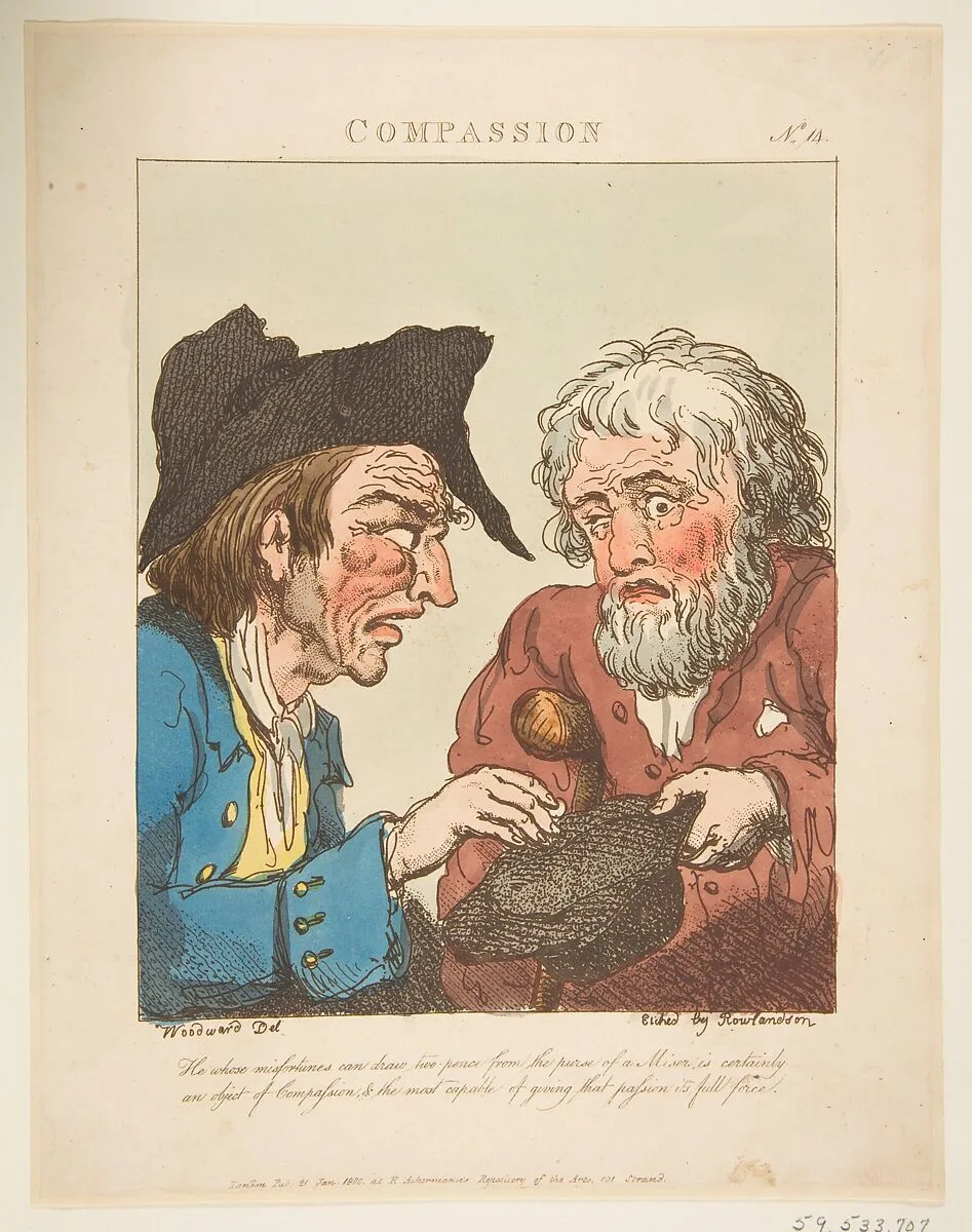 Compassion (Le Brun Travested, or Caricatures of the Passions) — George Murgatroyd Woodward|Rudolph Ackermann, London|Thomas Rowlandson