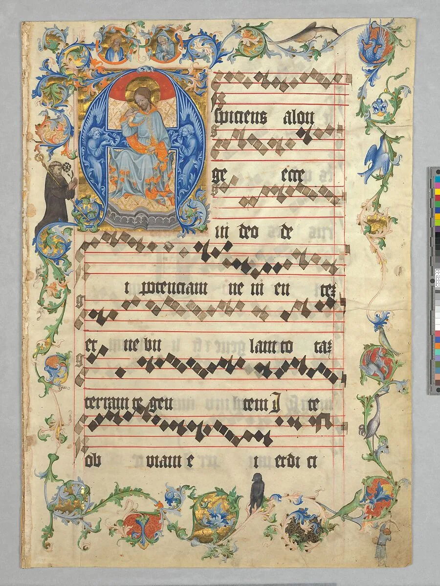 Bifolium with Christ in Majesty in an Initial A, from an Antiphonary — Unknown