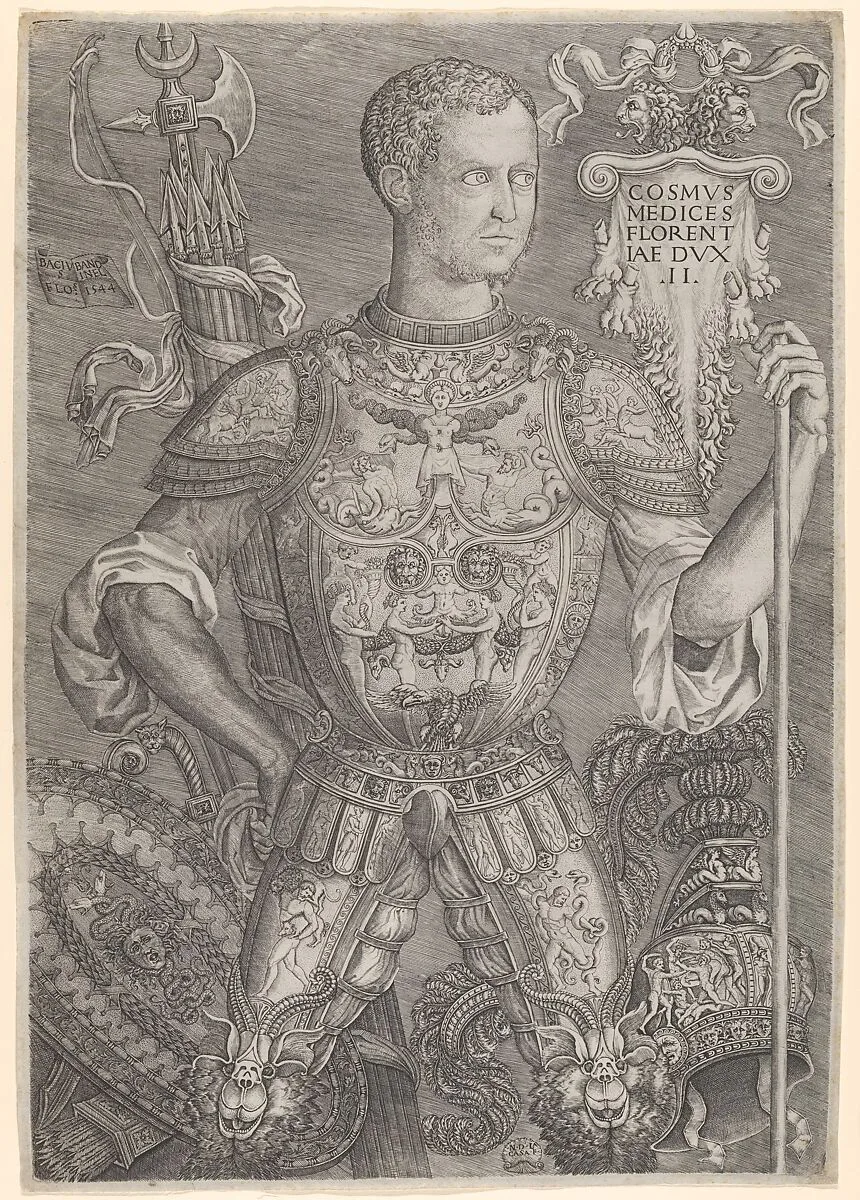 Portrait of Cosimo de' Medici in full armor, his left hand resting on a staff — Niccolò della Casa|Baccio Bandinelli