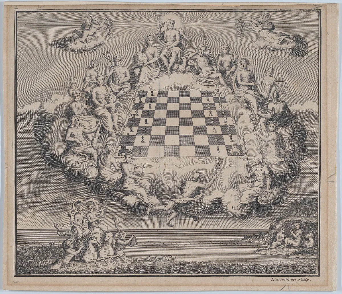 Heavenly Scene with the Gods of Olympus Surrounding a Chess Board, Poseidon and Pan Below — John Carwitham