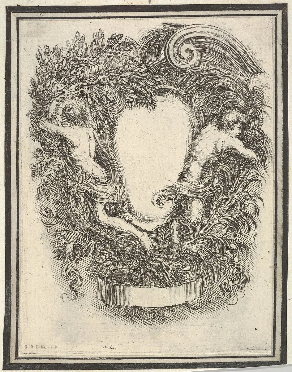 Plate 5: a cartouche flanked by Apollo and Pan, from 'Nouvelles inventions de Cartouches' — Stefano della Bella