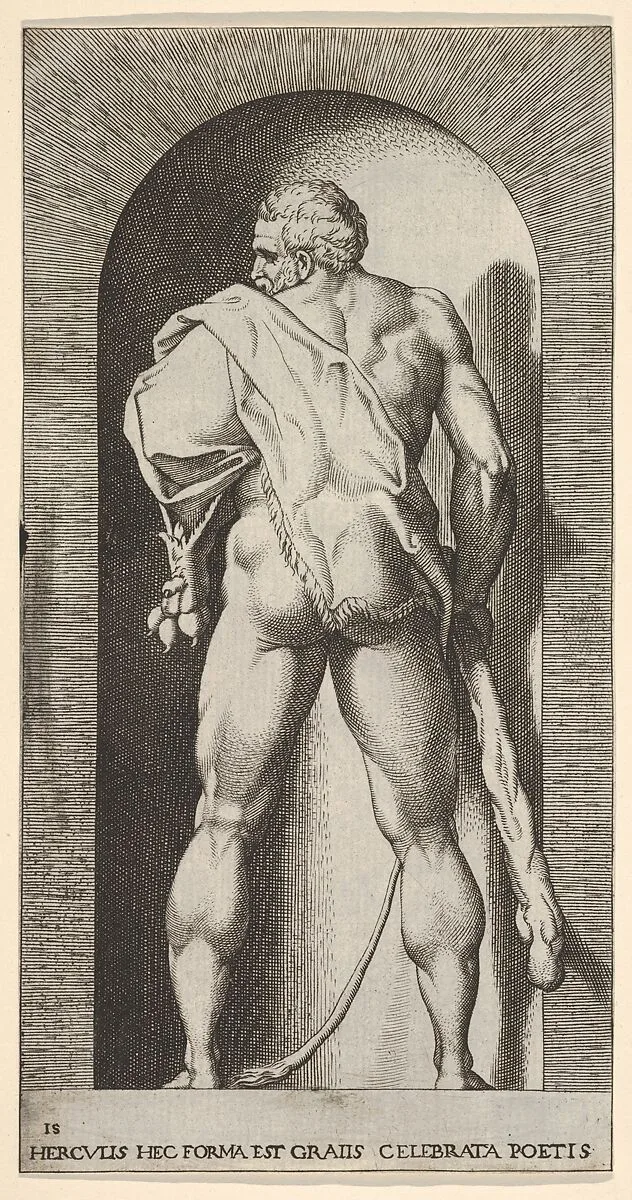Plate 15: Hercules standing in a niche, wearing a lion skin and holding a club, viewed from behind, with his head turned to the left, from "Mythological Gods and Goddesses" — Giovanni Jacopo Caraglio|Rosso Fiorentino