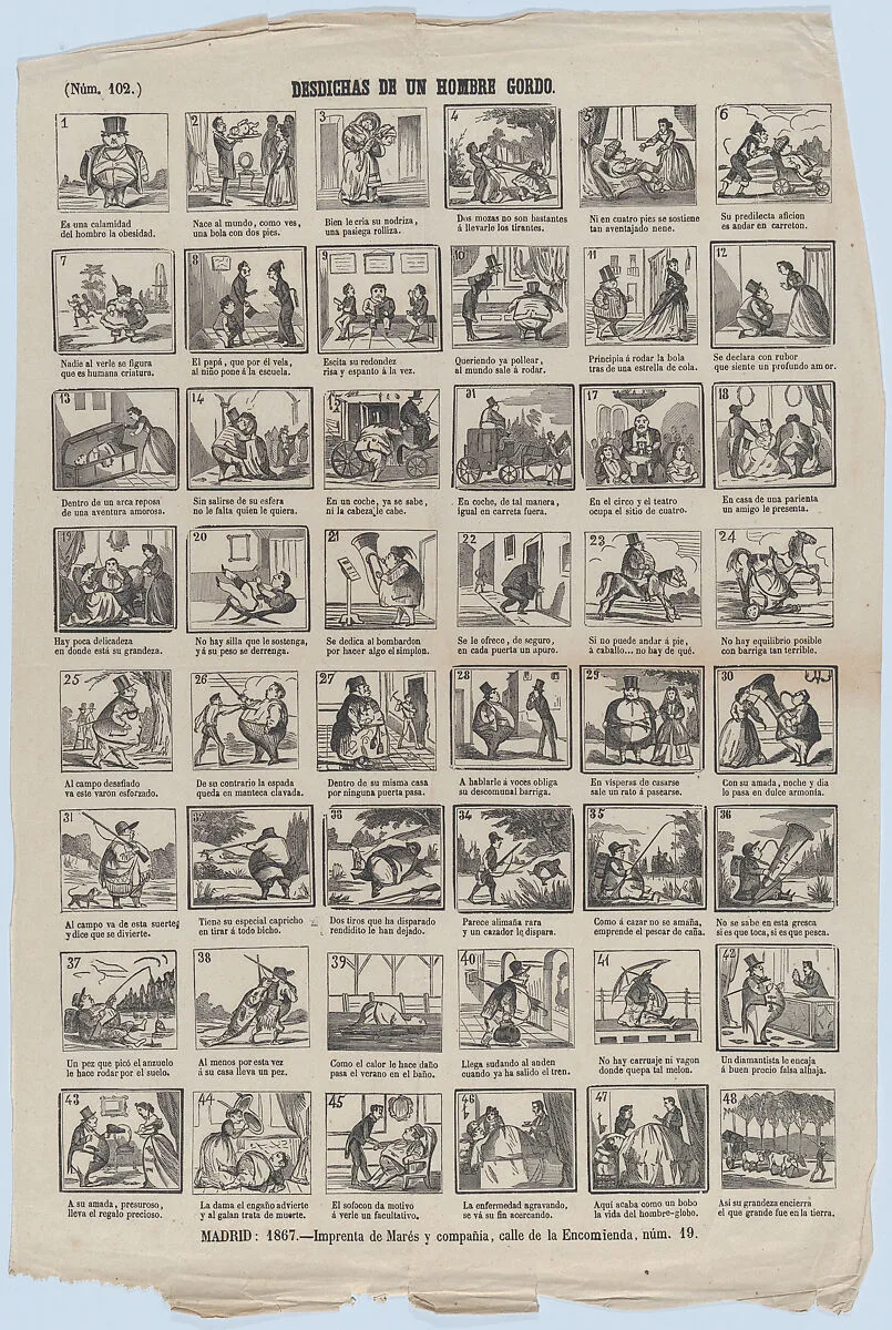 Broadside with 48 scenes illusrating the misfortunes of a fat man — José María Marés