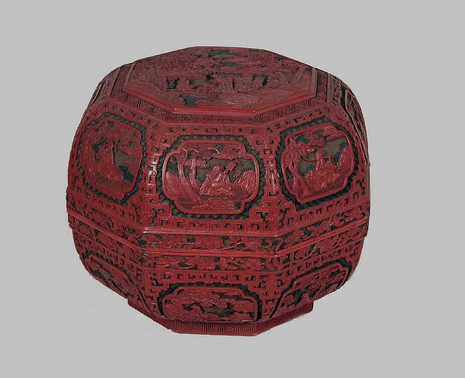清晚期 剔彩開光道教人物圖漆盒|Box with Daoists welcoming immortal Shoulao — Unknown