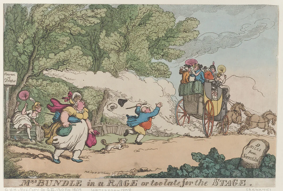 Mrs. Bundle in a Rage or too late for the Stage — George Murgatroyd Woodward|William McCleary|Thomas Rowlandson