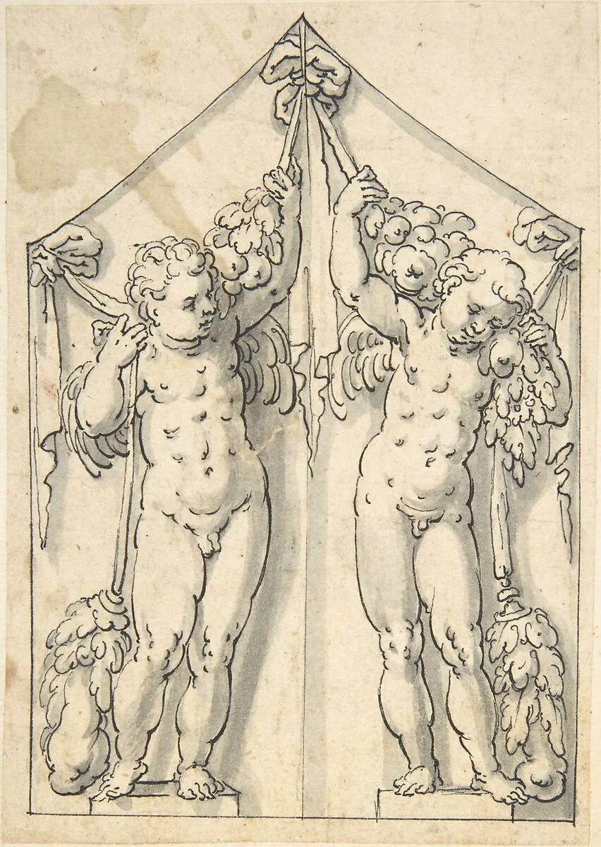 Panel of Shutter Decoration of Two Putti with Garlands — Anonymous, Italian, 17th century|Anonymous, German, 17th century