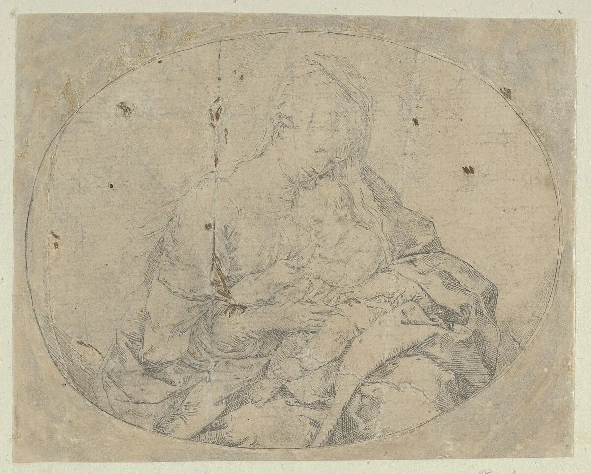 The Virgin holding the infant Christ, an oval composition, counterproof — Guido Reni