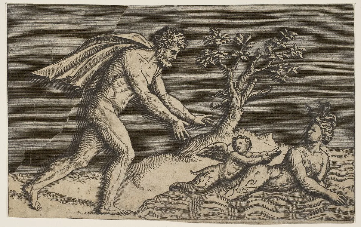 A naked man pursing a naiad and a cupid into the water — Marco Dente