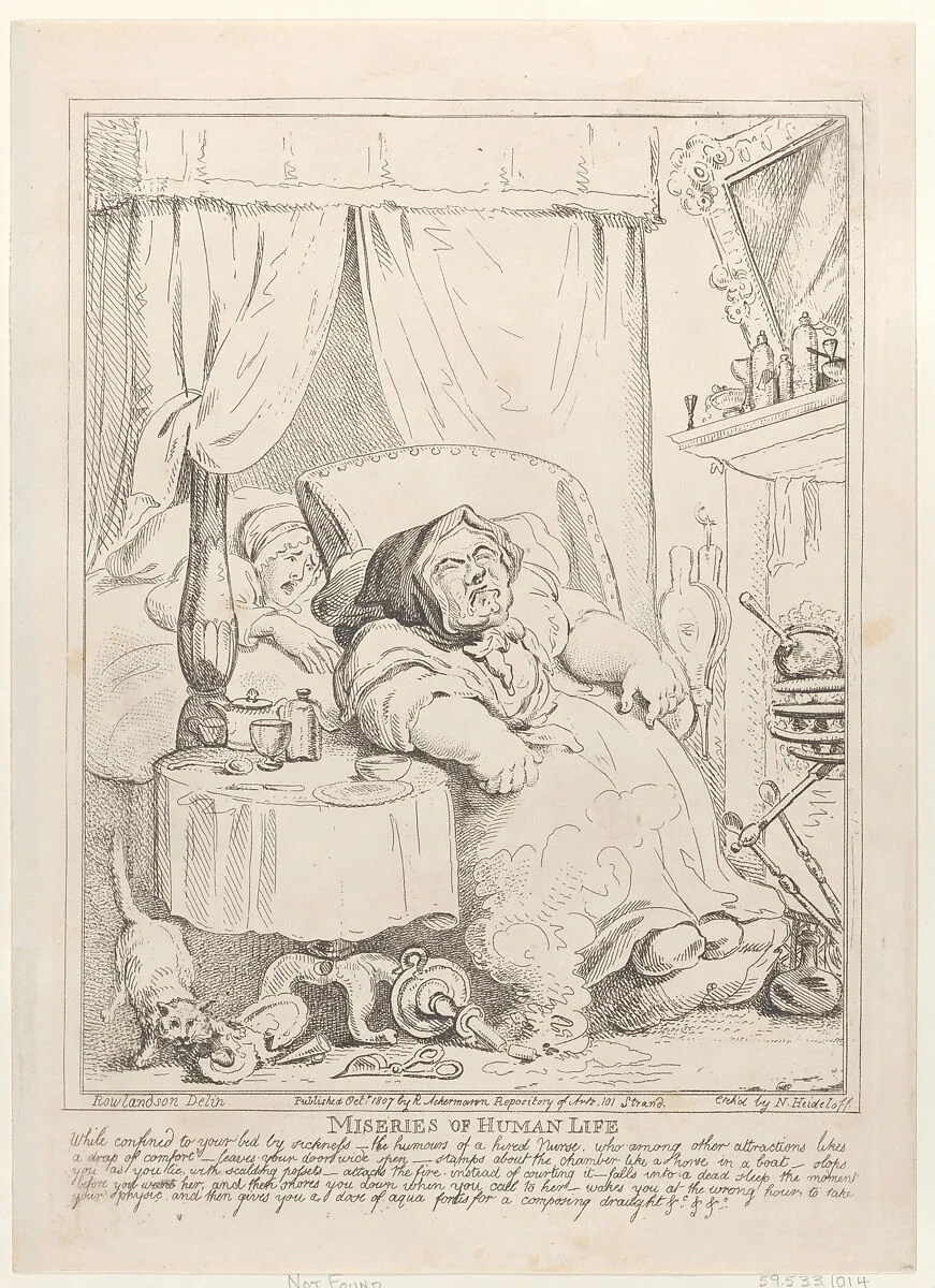 Miseries of Human Life: "While confined to your bed by sickness..." — Thomas Rowlandson|Nicolaus Heideloff|Rudolph Ackermann, London