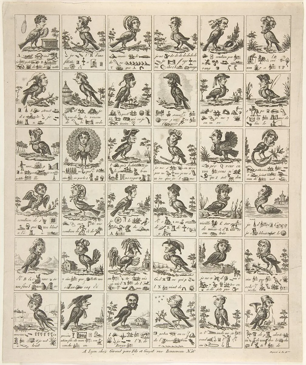 Sheet of Rebuses with Birds with Human Heads — Anonymous, French, 19th century|Giraud, Pere et Fils et Gayet|Michel Giraud|Benoît Gayet|Antoine Giraud|Aimé Giraud