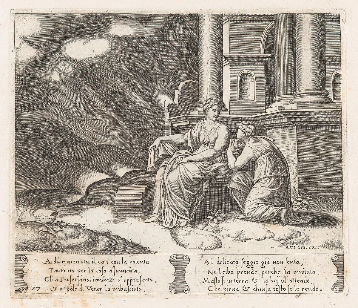 Plate 27: Proserpine gives Psyche the box of beauty, from "The Story of Cupid and Psyche as told by Apuleius" — Antonio Salamanca|Master of the Die|Michiel Coxie (I)
