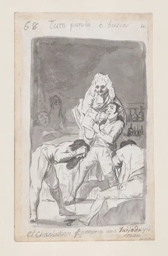 A charlatan extracting a tooth from a patient's mouth, figure in the foreground vomiting; folio 68 (verso) from the Madrid Album 'B'
