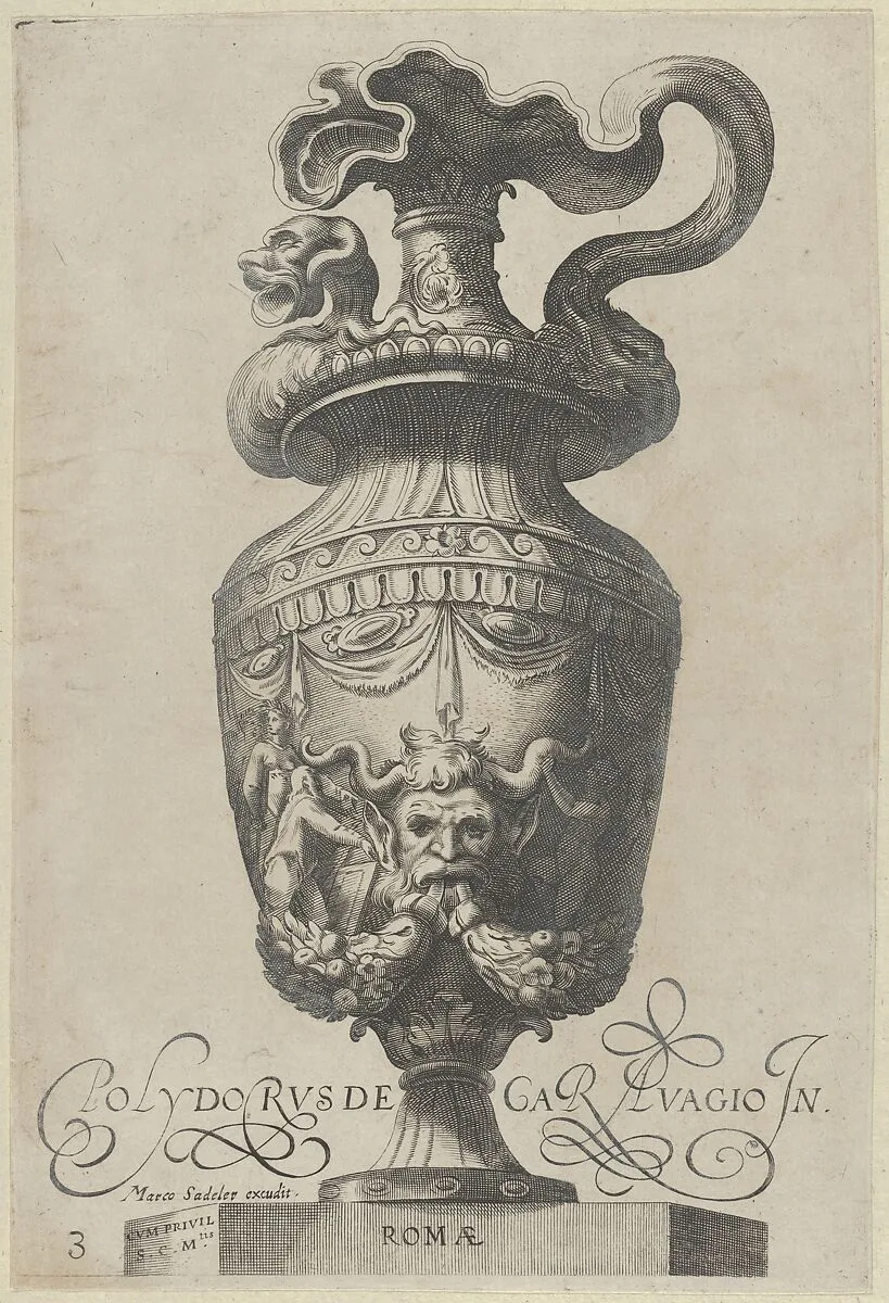 Plate 3: Vase with a satyr's mask and garlands, from Antique Vases (Vasa a Polydoro Caravagino) — Cherubino Alberti (Zaccaria Mattia)|Polidoro da Caravaggio|Aegidius Sadeler II|Marcus Sadeler