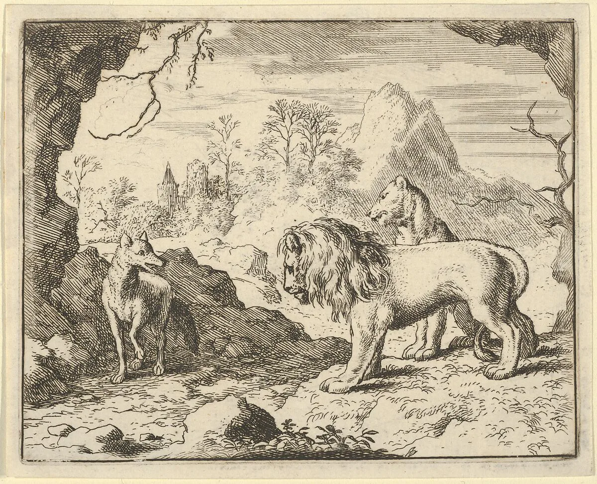 Renard Convinces the Lion and Lioness of Finding a Treasure His Father Stole from Them from Hendrick van Alcmar's Renard The Fox — Allart van Everdingen
