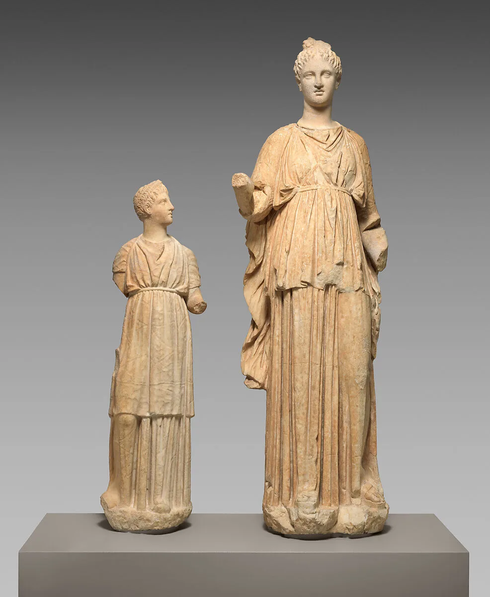 Marble funerary statues of a maiden and a little girl — Unknown
