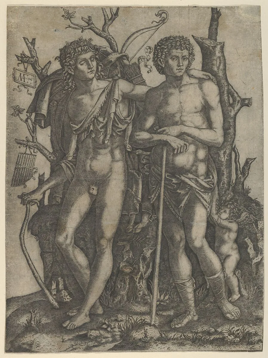 Apollo standing at the left, his hand resting on the shoulder of Hyacinthus, Cupid in the lower right — Marcantonio Raimondi|Francesco Francia