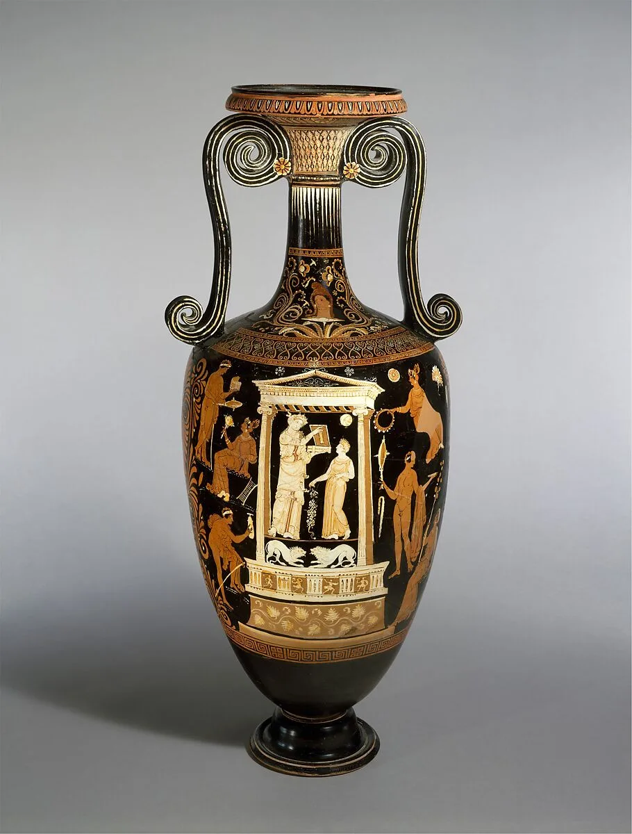 Terracotta loutrophoros (ceremonial vase for water) — Metope Painter