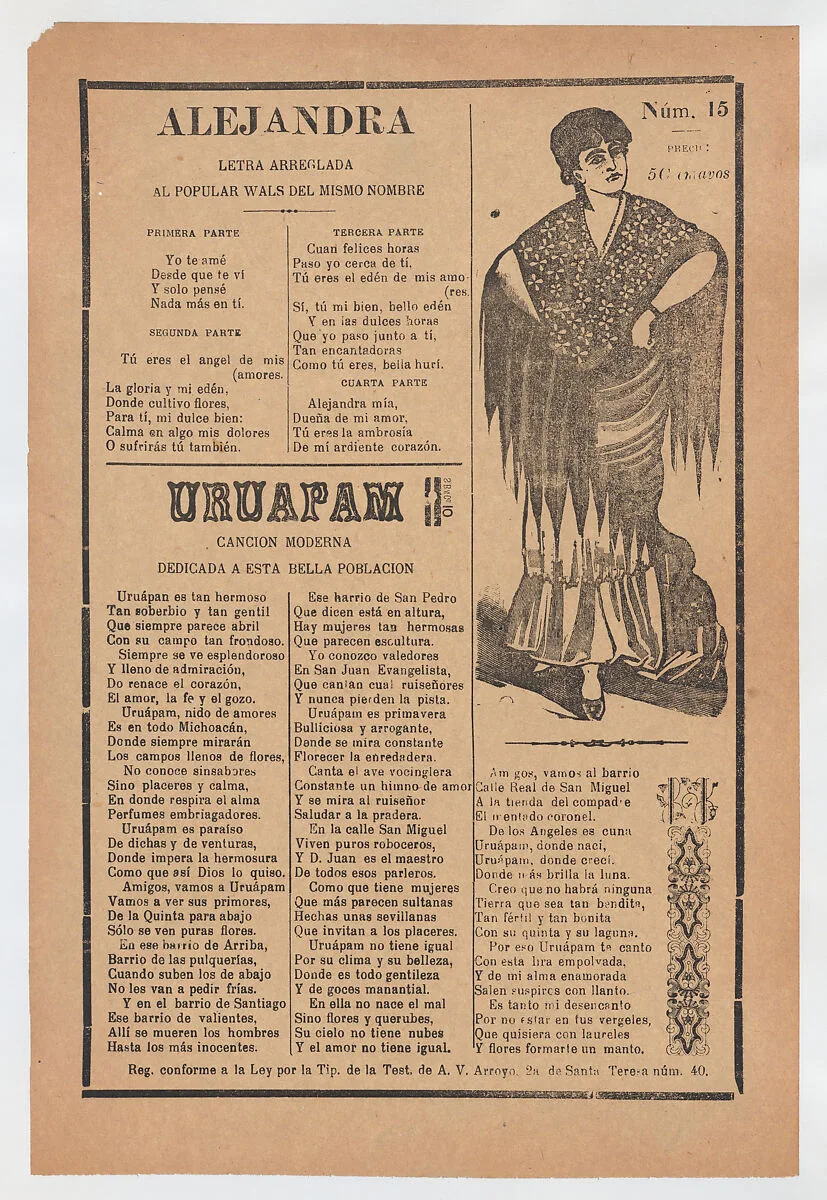 Broadsheet with two love ballads about desirable women, woman wearing a shawl and a skirt with her hands placed on her hips — José Guadalupe Posada|Antonio Vanegas Arroyo
