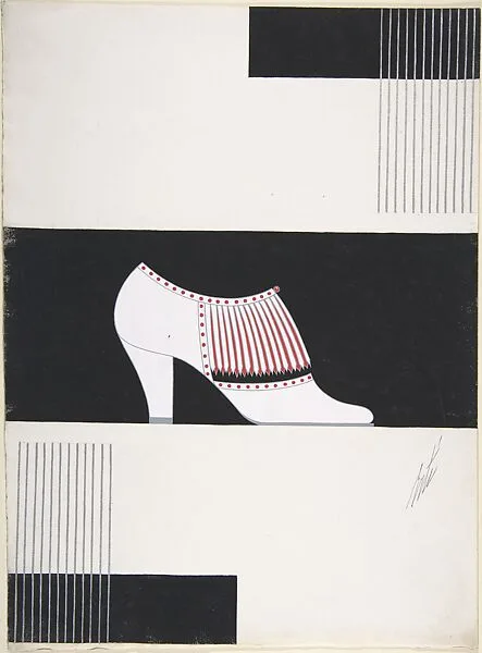 White High-Vamp Pump with Red and White Fringe for Delman's Shoes, New York — Erté (Romain de Tirtoff)