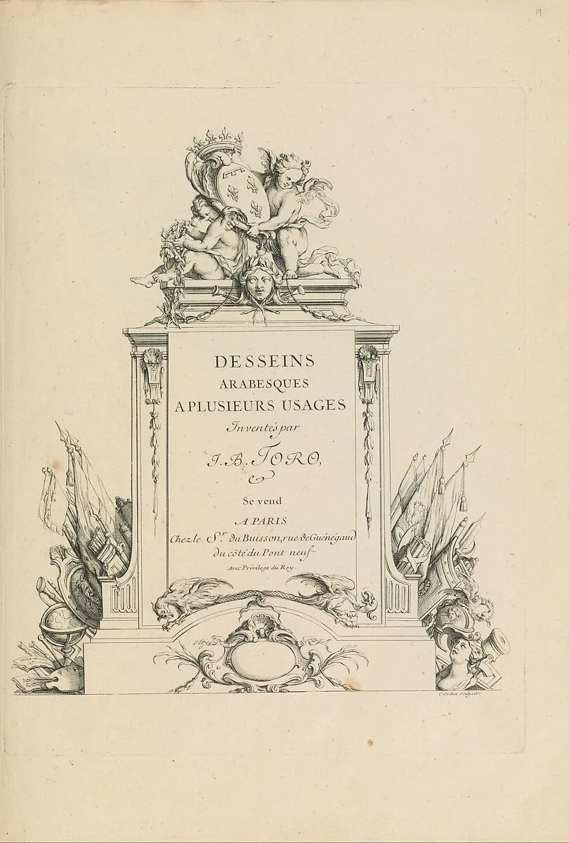 Desseins Arabesques a Plusieurs Usages Inventés par J.B. Toro (Title Page) — Jean Bernard Toro|Charles Nicolas Cochin I|Jacques-Nicolas Le Pas Dubuisson
