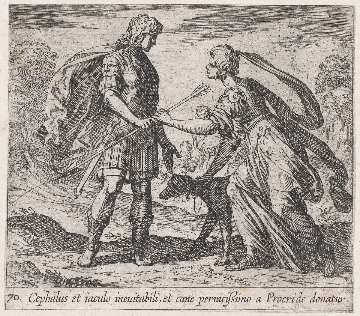 Pltae 70: Procris Giving Cephalus a Dog and a Javelin (Cephalus et iaculo inevitabili, et cane pernicißimo a Procride donatur), from Ovid's 'Metamorphoses' — Antonio Tempesta