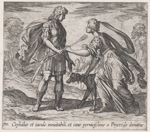 Pltae 70: Procris Giving Cephalus a Dog and a Javelin (Cephalus et iaculo inevitabili, et cane pernicißimo a Procride donatur), from Ovid's 'Metamorphoses'
