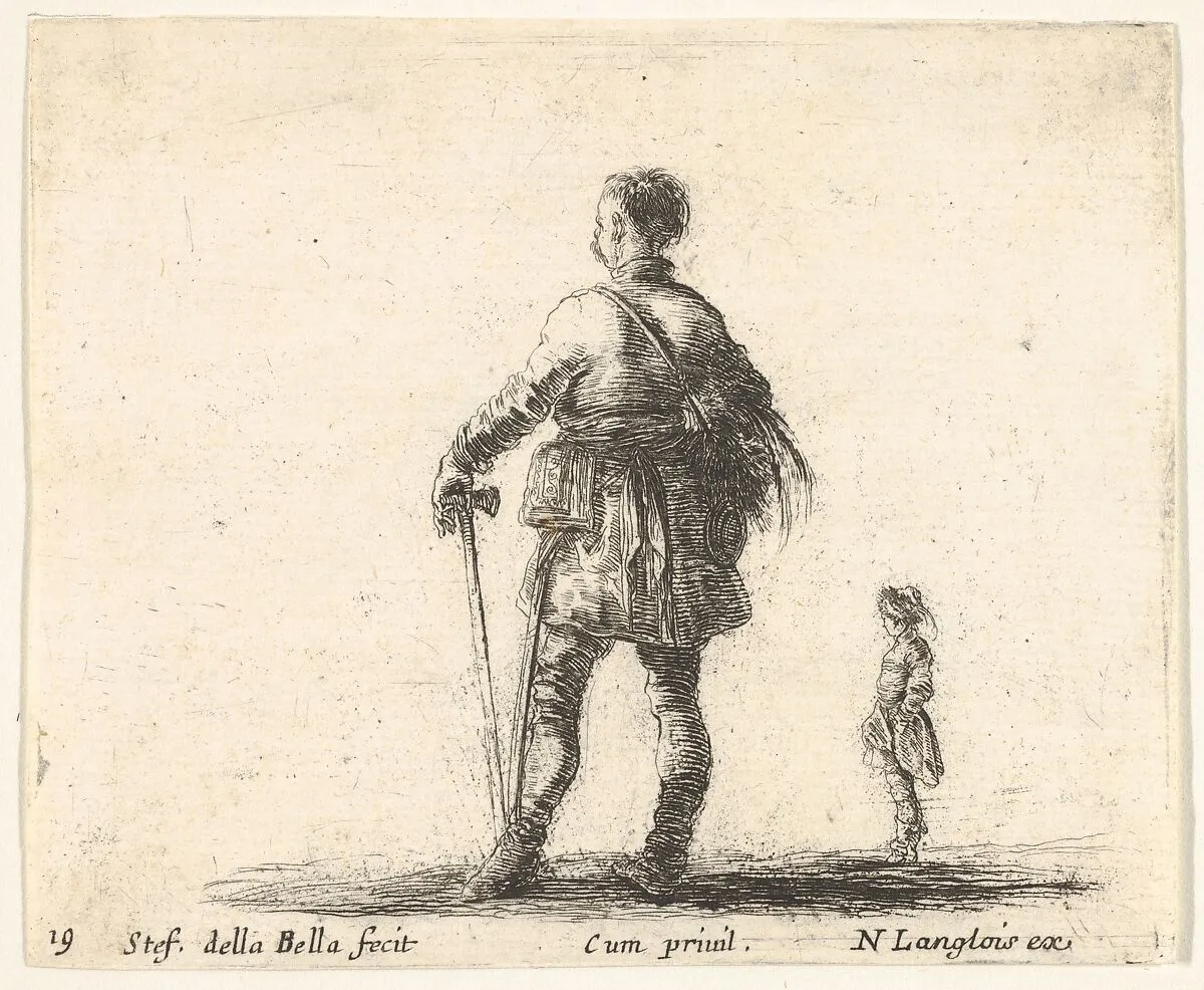 Plate 19: a Polish nobleman in court dress, standing in center, seen from behind, another nobleman to right in background, from 'Diversi capricci' — Stefano della Bella|Nicolas Langlois